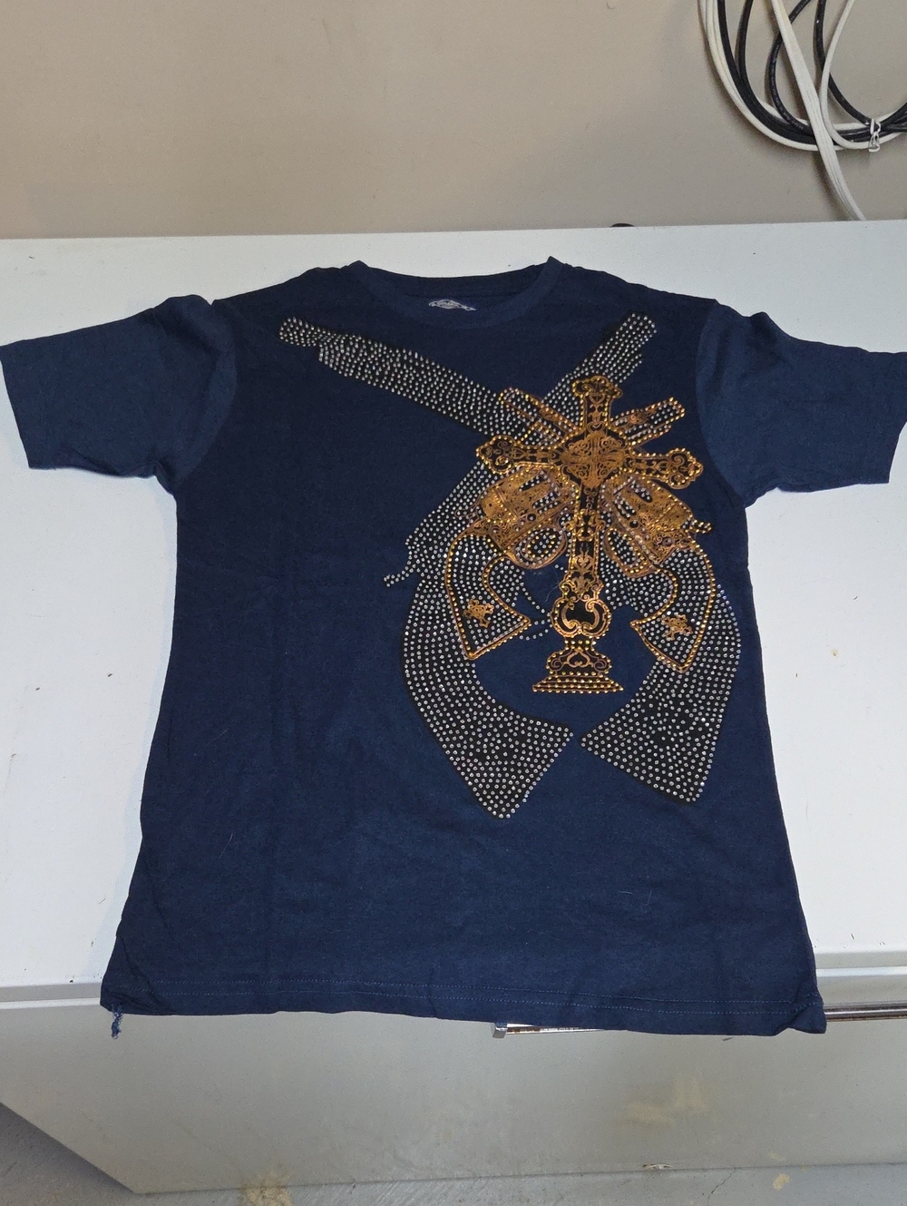 Big Buddha Navy Blue Short Sleeve Tee with Gold Graphics And Rhonestones Sz M